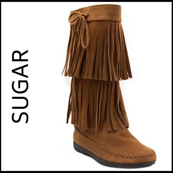 NIB Sugar Double Fringe Vegan Suede Knee Length Boots - Picture 4 of 4